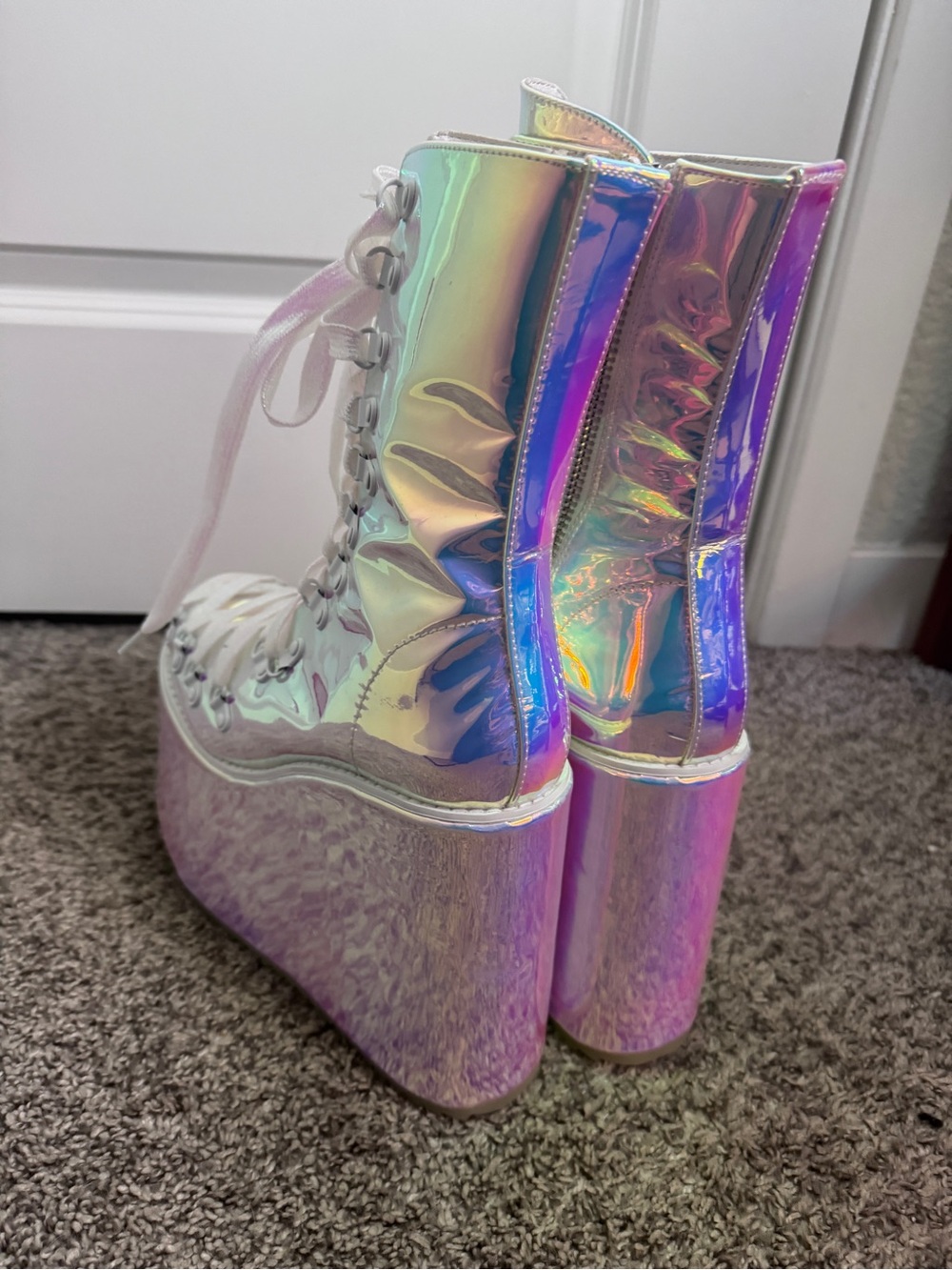 Dolls Kill Holographic White Platform Lace-Up Boots - Picture 2 of 2
